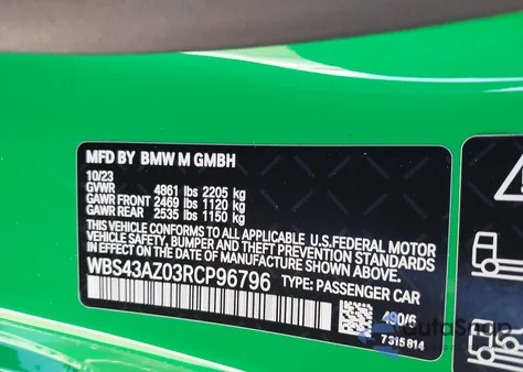 2024 BMW M4 Competition xDrive z USA, uszkodzony, nr VIN WBS43AZ03RCP96796